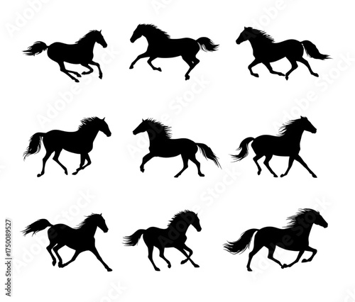 Set of nine black horse silhouettes in various running and galloping poses.