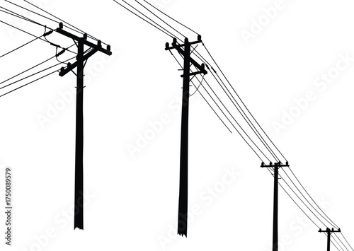 Silhouette utility poles, electricity distribution network, power line perspective, transformers and insulators, urban energy grid, electrical infrastructure, industrial skyline, interconnected cables