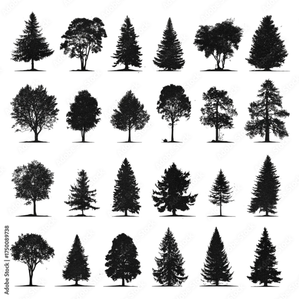 Fototapeta premium Monochrome vector set of various isolated tree silhouettes.