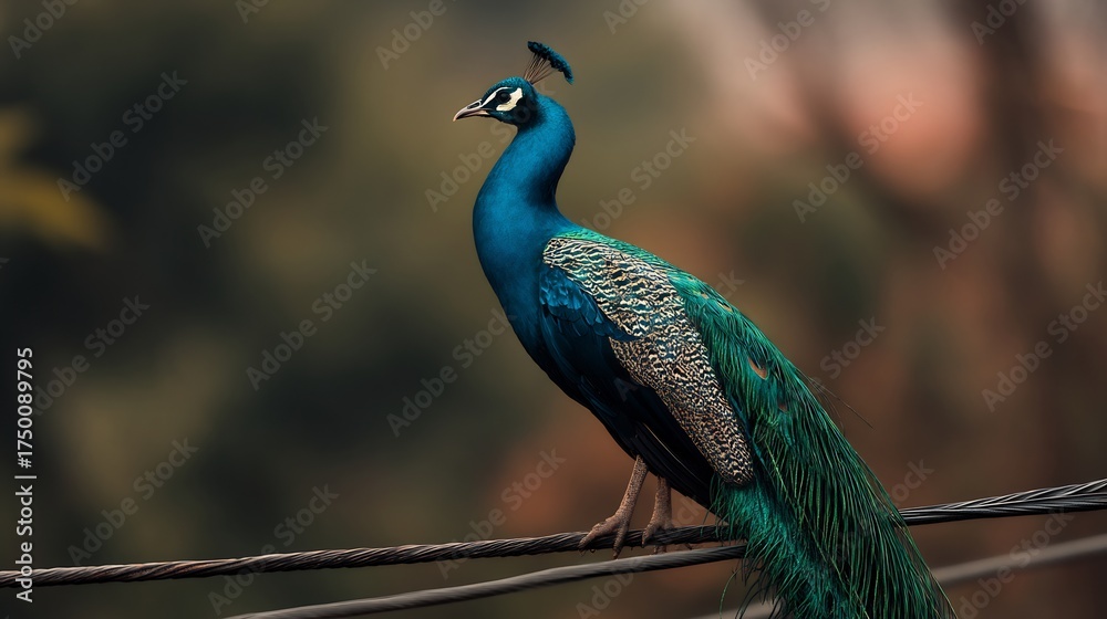 Obraz premium A vibrant peacock perched gracefully on a wire against a blurred natural backdrop outdoors in daytime