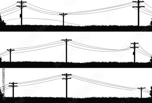 Silhouette utility poles, electricity distribution network, power line variations, grassy landscape, rural infrastructure, urban energy grid, electrical system, industrial skyline