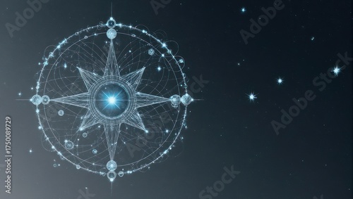 A glowing, intricate, geometric compass design set against a dark, starry backdrop