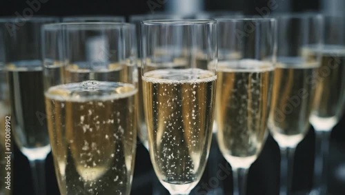 Close Up of Golden Champagne Bubbles Rising in Flute Glasses for Celebration