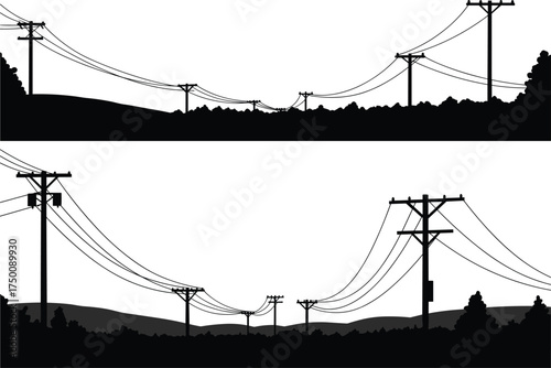 Silhouette utility poles, electricity distribution network, power lines perspective, hilly landscape, tree 