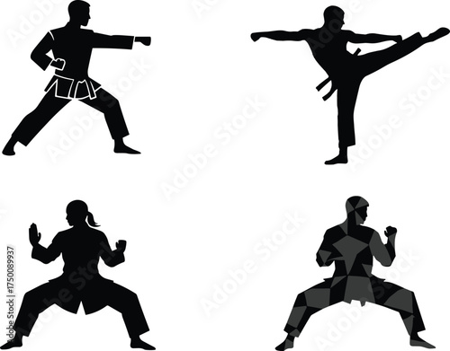 silhouette set with dynamic stances, high kick, defensive posture, geometric pattern, black vector illustration, traditional attire, and combat technique