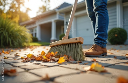 Man sweeps leaves from driveway with broom on sunny day. He clears yard debris near suburban house. Autumn scene shows outdoor cleaning task, maintaining property upkeep.
