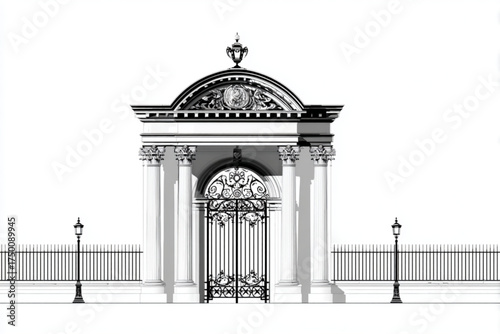 Monochrome architectural illustration of an ornate classical gateway entrance.