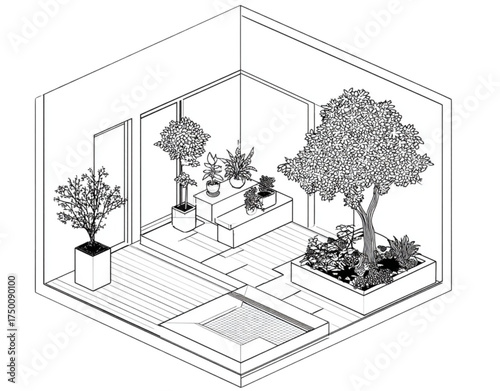 Isometric Line Drawing of a Modern Indoor Garden Room.