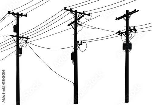 Silhouette utility poles, power line network, electricity distribution system, transformers and insulators, urban energy infrastructure, electrical grid, industrial skyline, interconnected cables