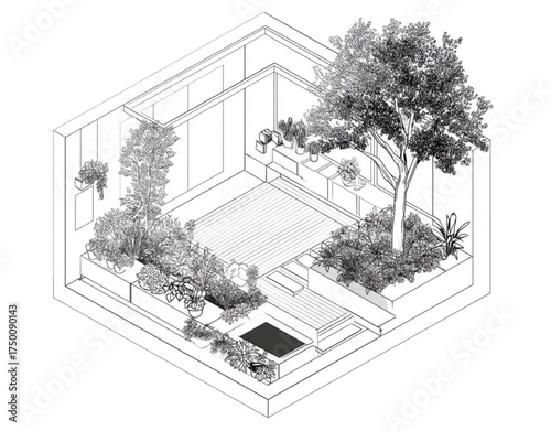Isometric Architectural Line Drawing of a Modern Courtyard Garden.