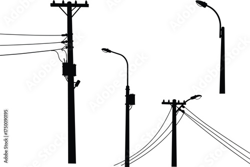 Silhouette utility poles, streetlight variations, electricity distribution network, power line infrastructure, transformers and lamps, urban energy grid, electrical system, industrial skyline