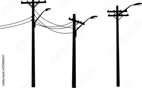 Silhouette utility poles, streetlights and power lines, electricity distribution network, urban energy grid, electrical infrastructure, industrial skyline, interconnected system, lamp posts