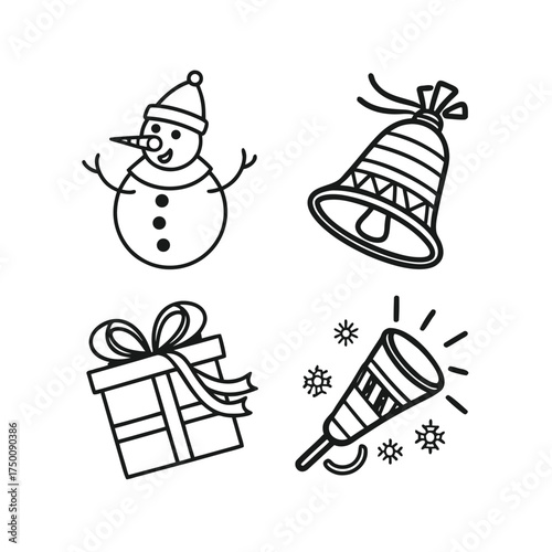Festive christmas icons collection featuring snowman bell gift box and party popper line art isolated on transparent background