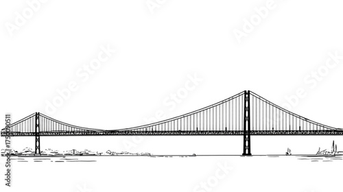 Hand drawn black and white sketch of a suspension bridge.