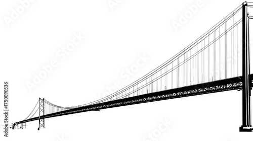 Black and white architectural line drawing of a suspension bridge.