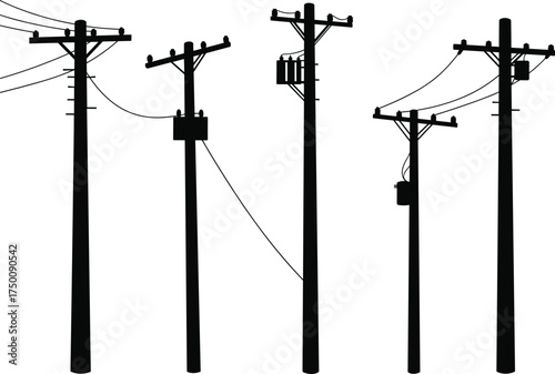 Silhouette utility poles, transformers and insulators, electricity distribution network, power line infrastructure, urban energy grid, electrical system, industrial skyline, comparative designs