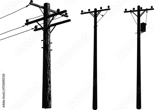 Silhouette utility poles, transformers and insulators, electricity distribution network, power line infrastructure, urban energy grid, electrical system, industrial skyline, comparative designs