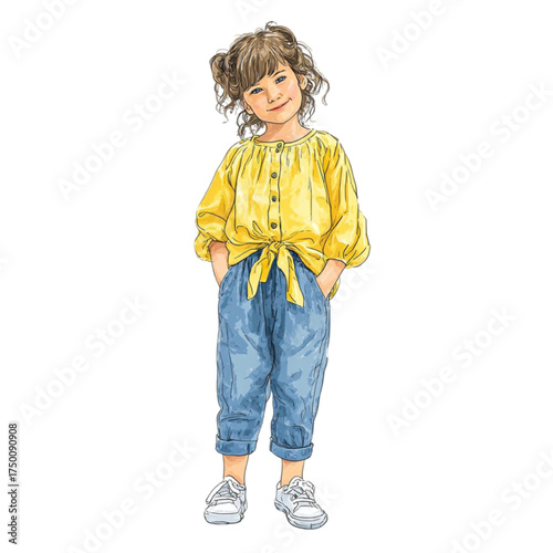Hand drawn illustration of a cute little girl in casual clothes.