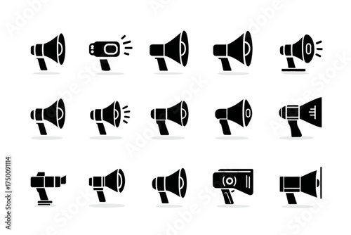 Collection of black silhouette megaphone and bullhorn icons.
