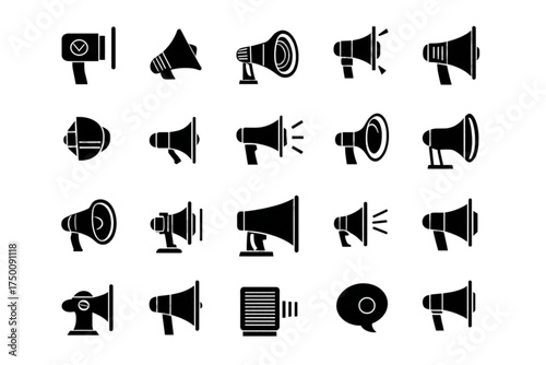 Collection of black silhouette megaphone and bullhorn vector icons.