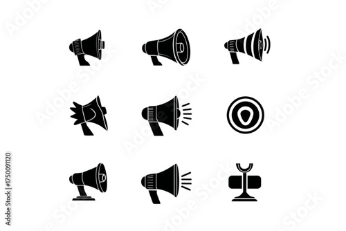 Set of black solid glyph icons representing megaphones and speakers.