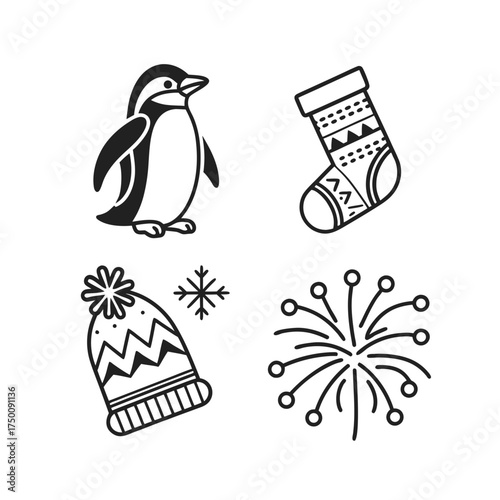 Festive collection of christmas icons including penguin stocking fireworks and gift box isolated on transparent background