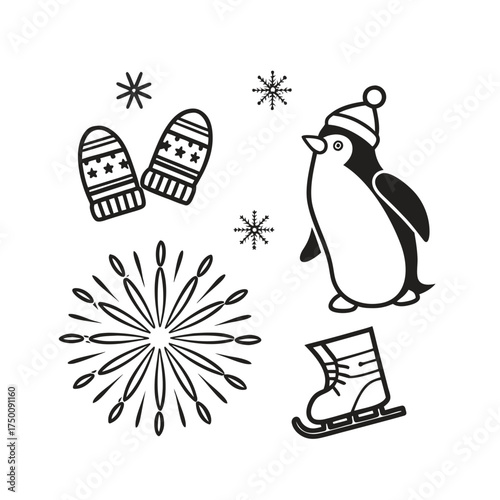 Winter celebration icons featuring mittens snowflakes ice skates and penguin isolated on transparent background
