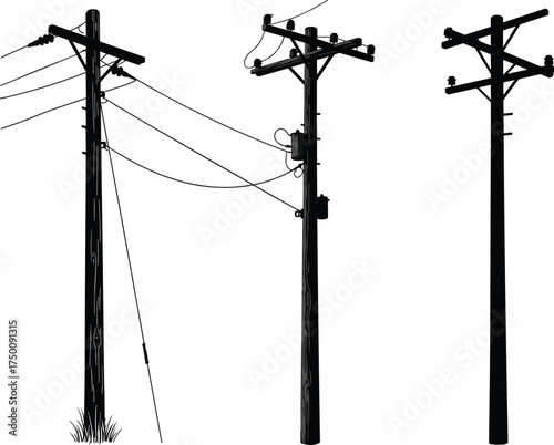 Silhouette utility poles, transformers and junction boxes, electricity distribution network, power line infrastructure, urban energy grid, electrical system, comparative designs