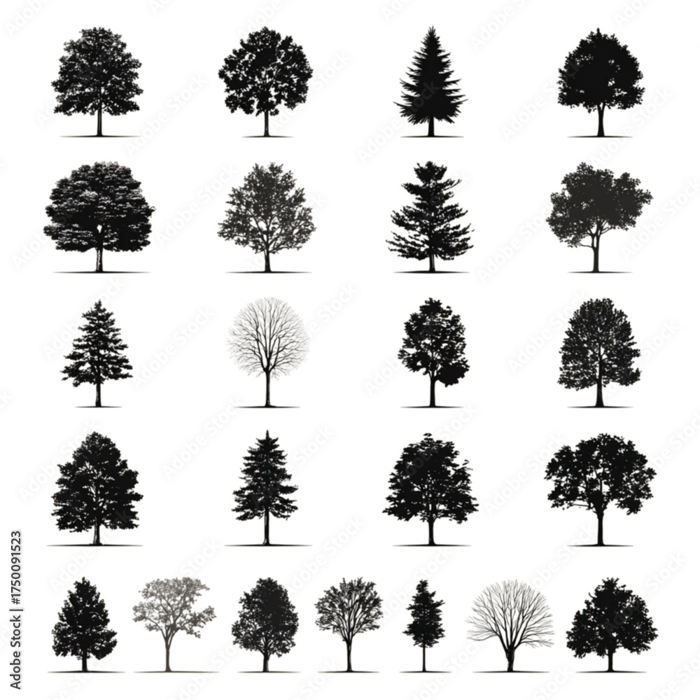 Fototapeta premium A diverse collection of black tree silhouettes isolated on white.