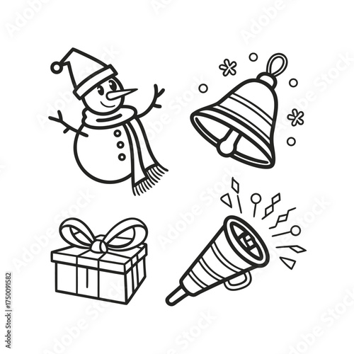 Festive christmas icons snowman bell gift box party popper celebrating winter holidays isolated on transparent background
