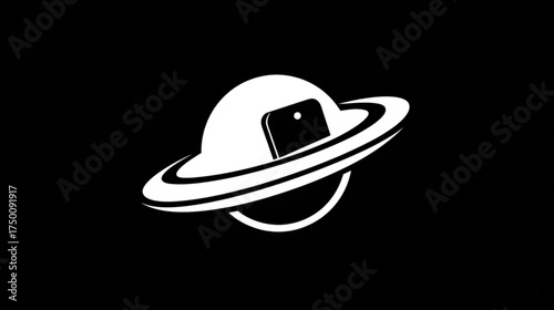 Modern technology symbol of a smartphone inside a ringed planet.