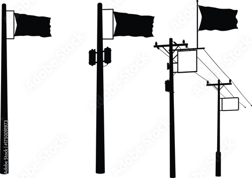 Utility pole evolution with flag and electrical components, silhouette illustration, infrastructure progression design, power line system, electricity grid, engineering comparison artwork