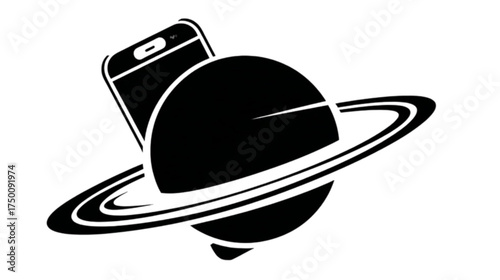 Black and white graphic of a mobile phone and a Saturn like planet.
