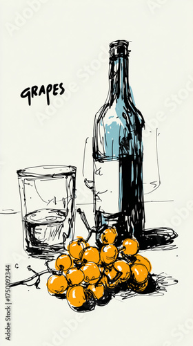 Hand drawn artistic sketch of a wine bottle glass and grapes.