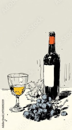 Still life sketch of a wine bottle glass and grapes.