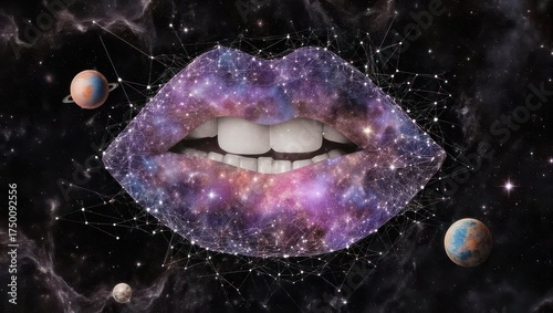 A pair of cosmic lips against a nebula backdrop with planets and constellations