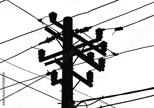 Utility pole silhouette with crossarms and insulators, complex electrical distribution network, urban energy infrastructure, power line system, electricity grid illustration