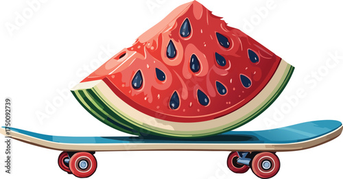 Playful Watermelon Slice Riding a Skateboard in a Fun Summer Concept