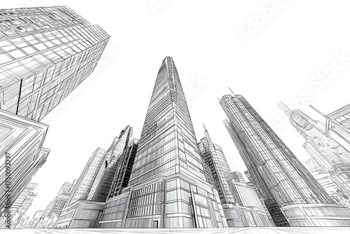 Architectural Sketch of Modern City Skyscrapers from Below.