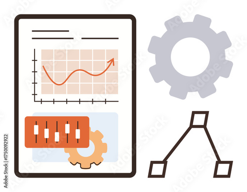 Graph with trends on a document, gear for operations, workflow diagram, and adjustment sliders. Ideal for analytics, process improvement, automation, strategy, workflow planning simple flat