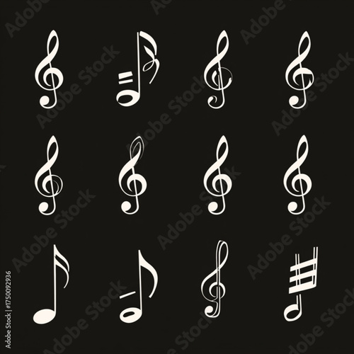 A collection of twelve different musical notes and clefs.