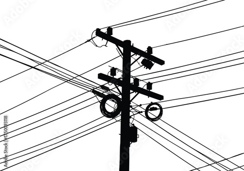 Utility pole silhouette, electricity distribution network, power line infrastructure, transformers and insulators, circular cable loops, urban energy grid, electrical system, complex wiring