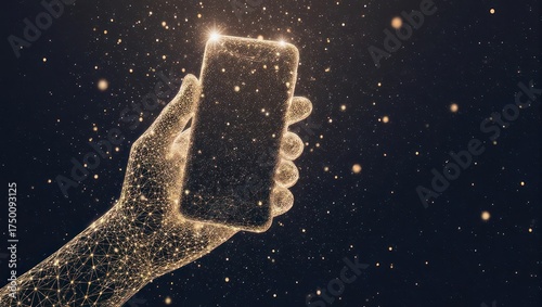 A hand, rendered in golden particles, cradles a smartphone against a dark, starry backdrop