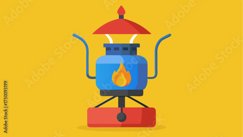 A vibrant depiction of a portable camping stove with a propane tank attached showing the flame and cookware on top.