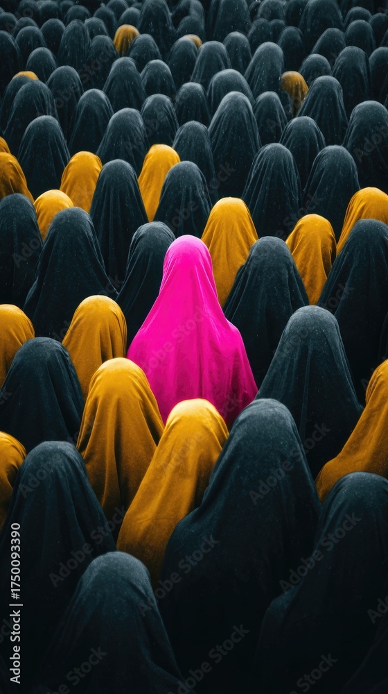Obraz premium Vibrant Individuality: A Pink Figure Standing Out Among a Sea of Dark and Yellow Cloaks