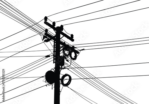 Utility pole silhouette, electricity distribution network, power line infrastructure, transformers and insulators, urban energy grid, electrical system, complex wiring, industrial skyline
