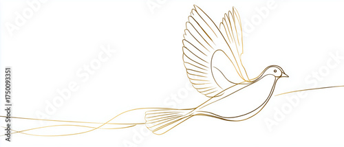 Elegant one line drawing of a golden dove in flight.