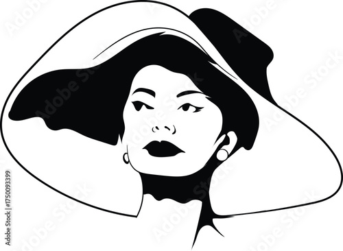 Stylized Woman in Wide-Brimmed Hat – Black and White Vector Portrait