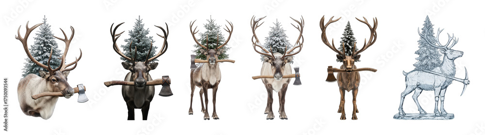 Naklejka premium Reindeer set including realistic, frosty, ice, and bronze styles carrying axes and trees isolated. Rustic winter and holiday compositions.
