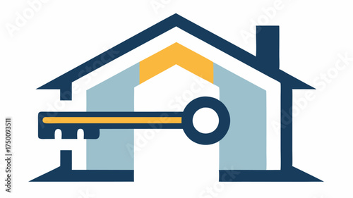 A key inside a house silhouette symbolizing home ownership and property access with a sleek geometric design.